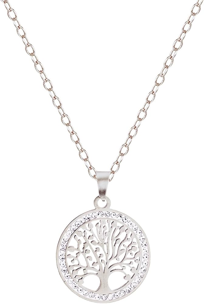 POYAMUSE Tree of Life Necklace with Sparkling Zircon Circle, Stainless Steel Life Tree Pendant Necklace for Women - Zircon Round Pendant Jewelry Gift for Anniversary