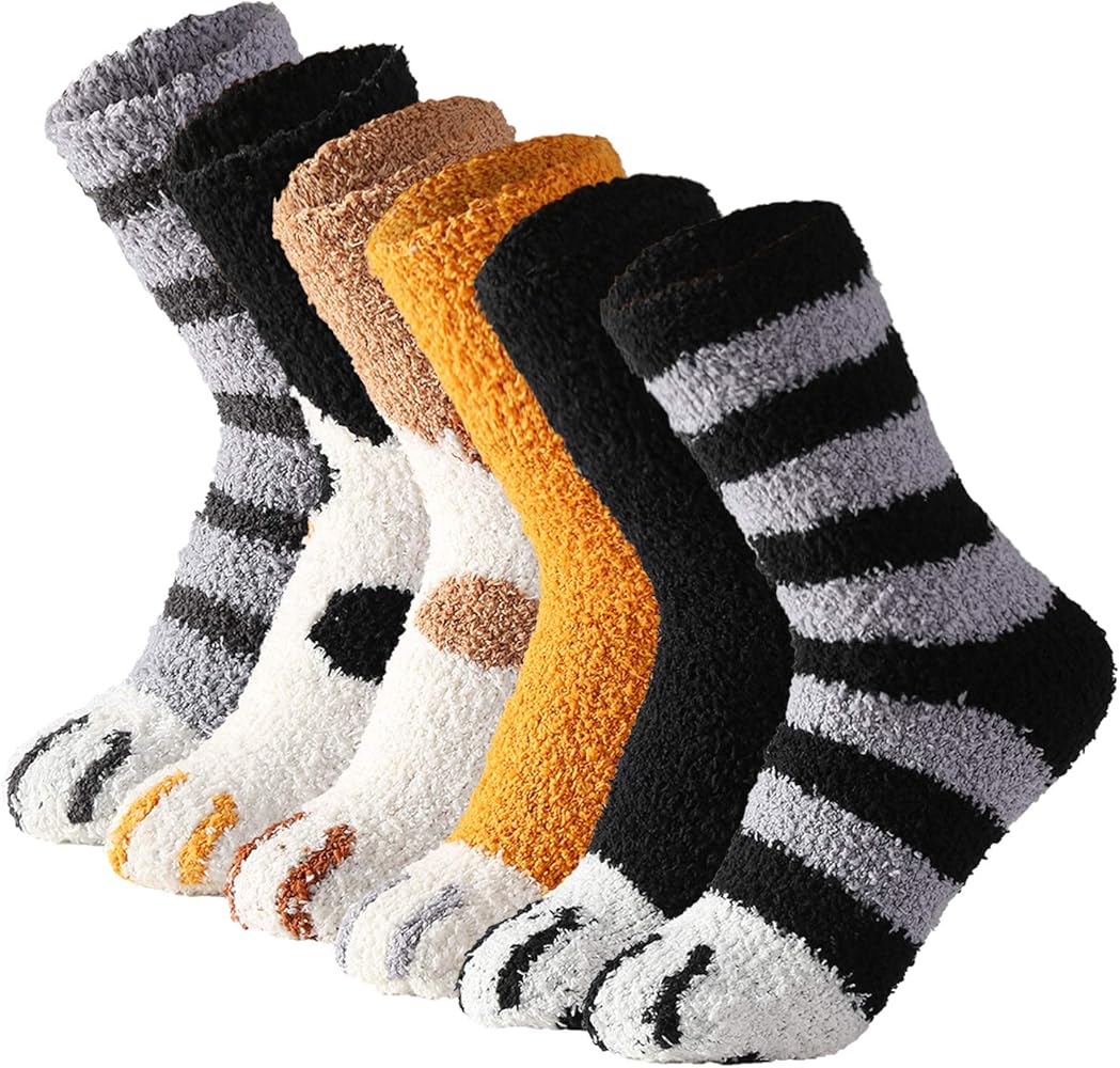Tosewever 6 Pairs Cute Cat Paw Socks Women Winter Fuzzy Cozy Plush Slipper Socks