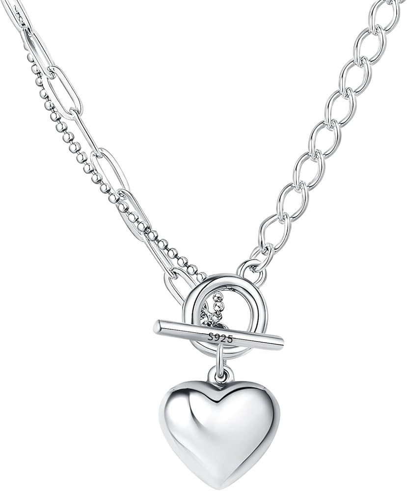925 Sterling Silver Heart Pendant Necklaces for Women,Silver Puffy Heart Necklace Birthday, Valentine's Day Gift