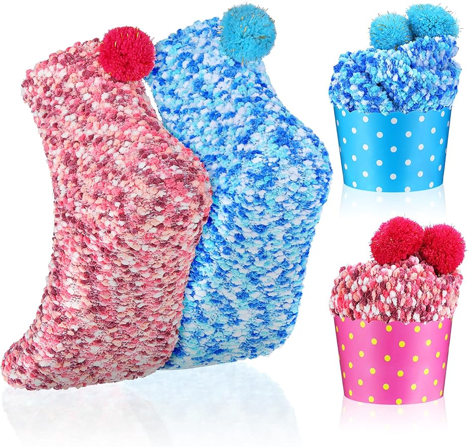 SATINIOR 2 Pieces Cupcake Socks DIY Present Socks Women Winter Fuzzy Fluffy Socks for Christmas Valentine's Day (Pink, Blue)
