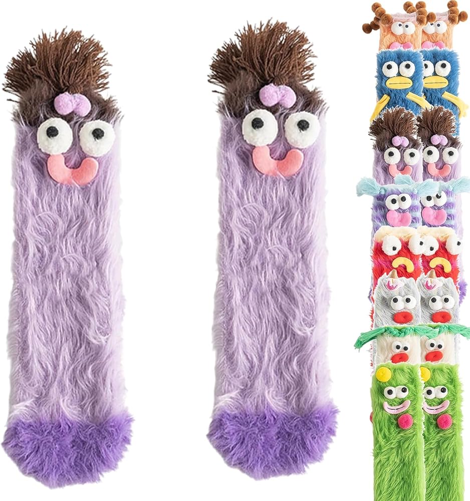 Warm Cozy Fluffy Cartoon Monster Socks,Cute Cartoon Plush Monster Sock For Women,Winter Warm Fuzzy Animal Sleeping Socks