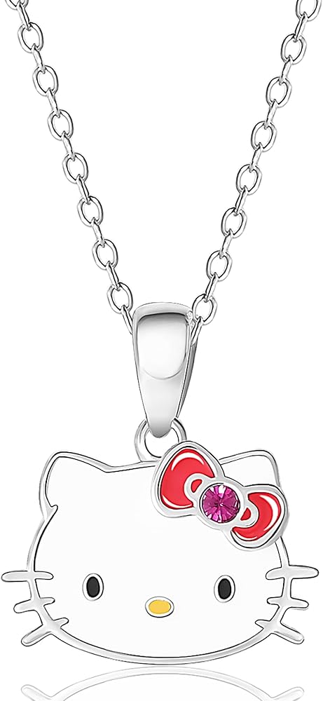 Hello Kitty Sanrio Womens Necklace Official License - Silver Plated Necklace with Enamel and Crystal Pendant