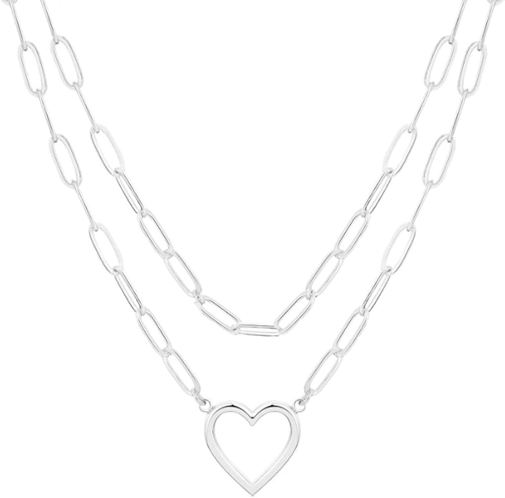 Heart Necklaces for Women 14K Gold/Silver Plated Paperclip Chain Love Heart Pendant Layered Necklaces Trendy Jewelry