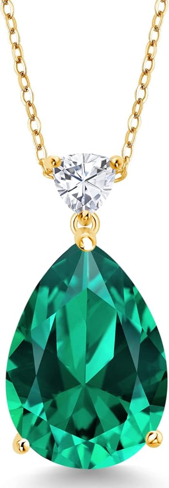 Gem Stone King 18K Yellow Gold Plated Silver Pear Shape Nano Emerald and White Moissanite Pendant Necklace For women (9.72 Cttw, with 18 Inch Chain)