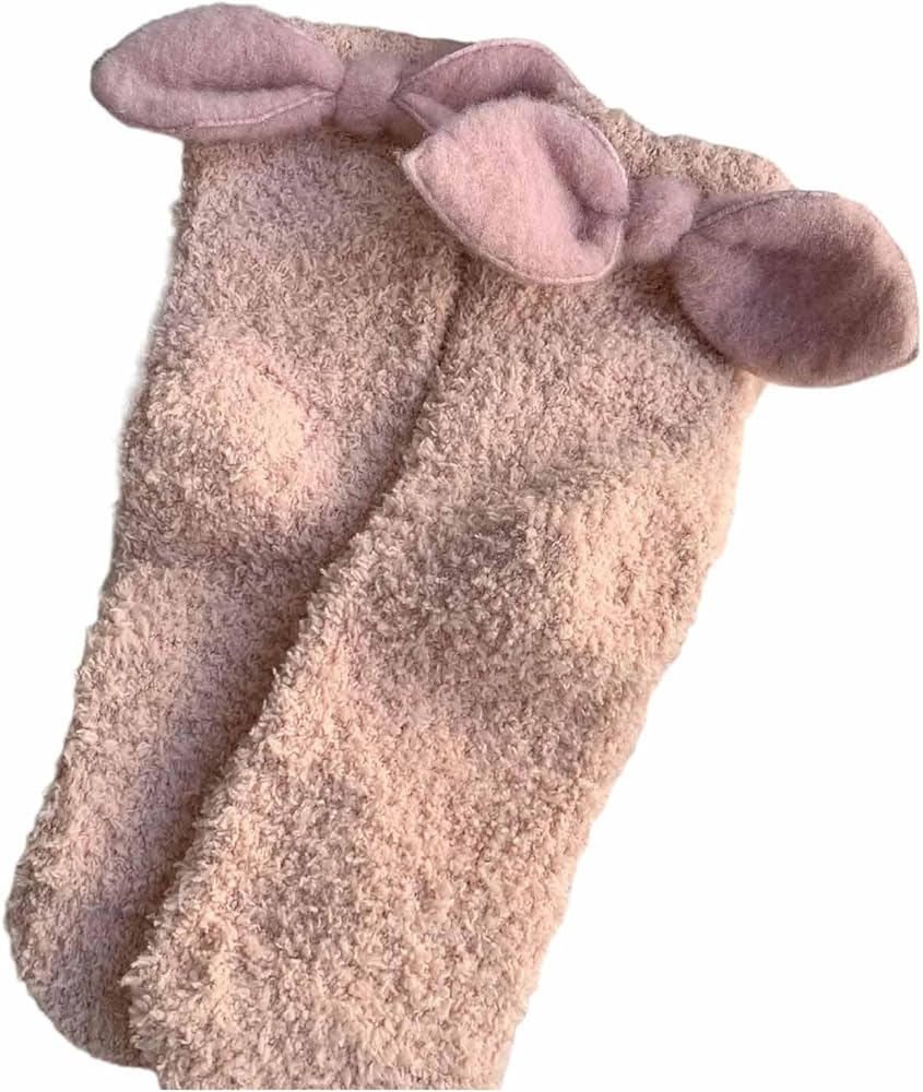 Women Girls Bowknot Coral Fleece Slipper Socks Thicken Warm Thermal Solid Color Fuzzy Floor Indoor Sleeping Socks