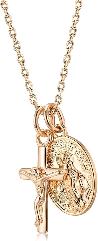 AllenCOCO Gold Cross Necklaces for Women, Crucifix Necklaces, Dainty Virgin Mary Necklace, Virgen de Guadalupe, Layered Pendants Chain Non Tarnish
