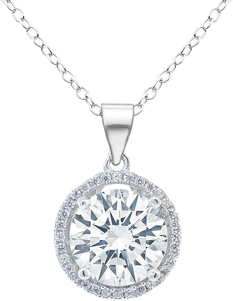 Cate & Chloe Sophia 18k White Gold Plated Circle Halo Pendant Necklace - Silver Halo Necklace w/Solitaire Round Cut Cubic Zirconia Diamond Cluster - Wedding Anniversary