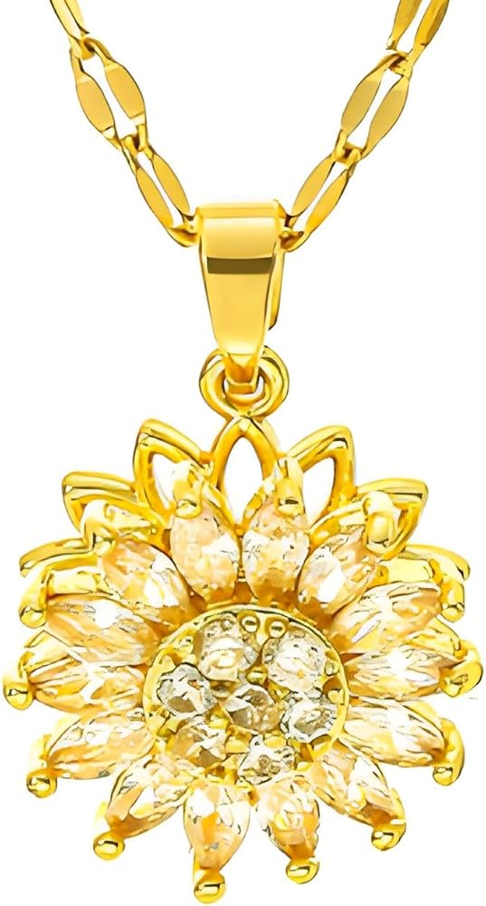 24k Gold Plated Cubic Zirconia Titanium Double Rotating Sunflower Layered Pendant Necklace for Women