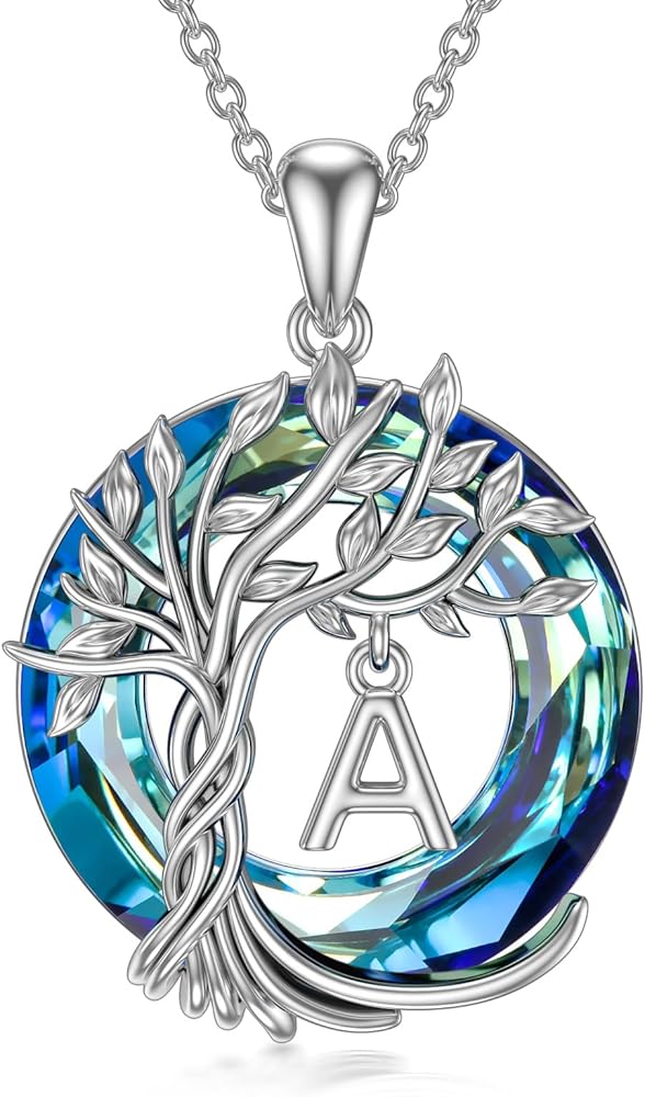 TOUPOP Christmas Gifts for Women, Tree of Life Initial A-Z Letter Necklace 925 Sterling Silver Irish Family Tree Blue Circle Crystal Jewelry Anniversary Birthday Gifts for Her Girlfriend Wife Mom