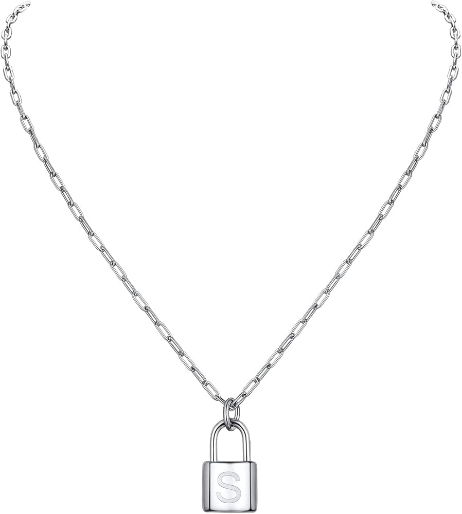 PROSTEEL Lock Initial Necklace for Women, Gold Plated Stainless Steel Paperclip Chain Padlock Necklace, 18"-20" Adjustable, Come with Box