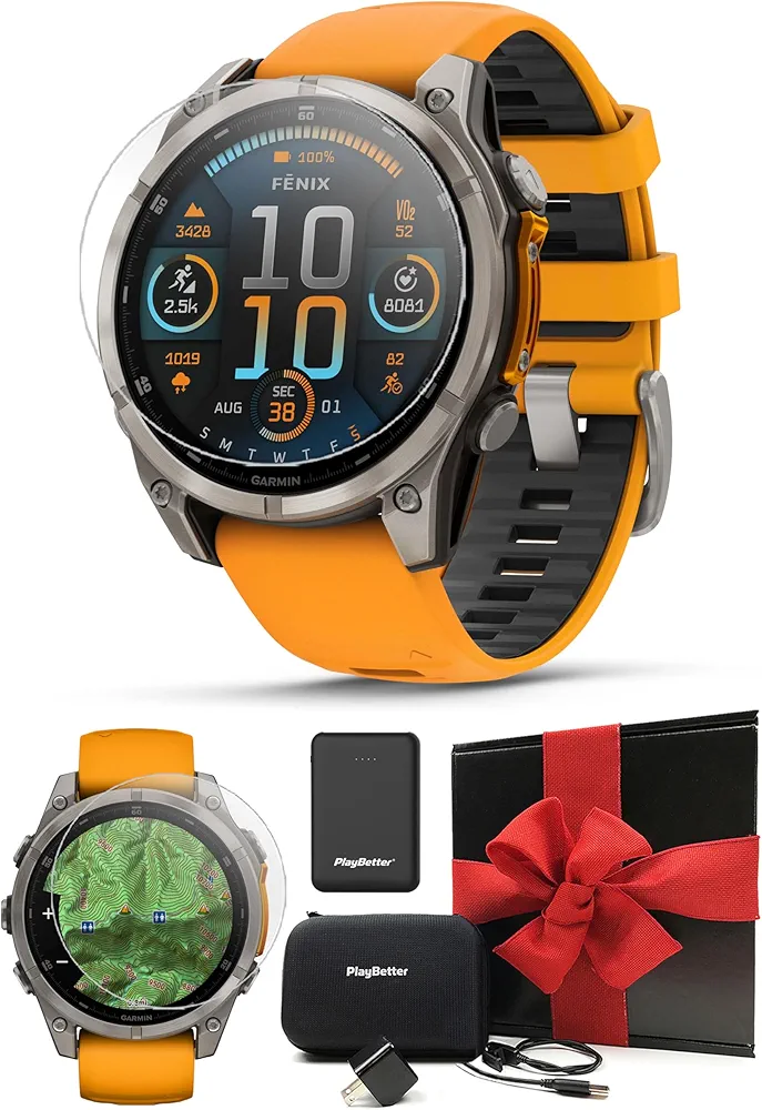 Garmin Fenix 8 AMOLED Sapphire (47mm, Titanium/Spark Orange) Multisport GPS Smartwatch Gift Box Bundle - 1.4" Touchscreen, Built-in LED Flashlight with PlayBetter Charger, Screens, Adapter, Case