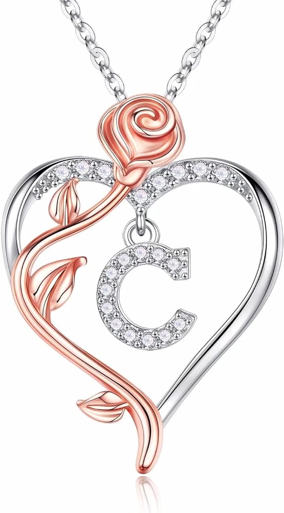 Iefil Christmas Gifts for Women Wife - 925 Sterling Silver Rose Heart Initial Necklace, Anniversary Birthday Gifts for Women, Jewelry Gifts for Women Wife Girlfriend Mom Her