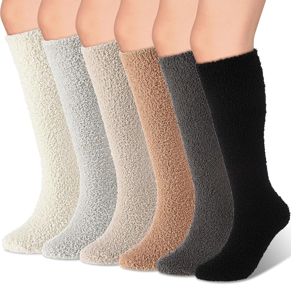 Geyoga 6 Pairs Knee High Fuzzy Socks for Women Soft Warm Long Cozy Slipper Plush Winter Long Socks for Christmas Winter Gifts