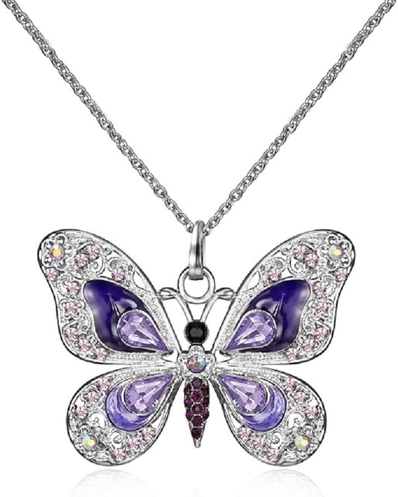 COLORFUL BLING 1Pcs Beautiful Alloy Rhinestone Butterfly Long Necklaces Fashion Enamel Butterfly Necklace for Women Girls（blue）