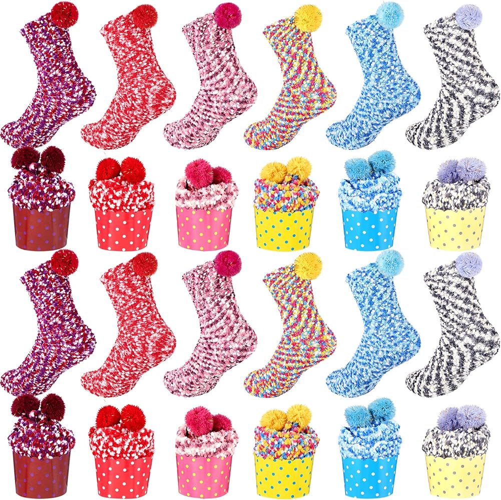 Haysandy 12 Pairs Fuzzy Socks Women Christmas Cupcake Socks Stocking Stuffers for Women Warm Slipper Socks Thick Soft Plush Sock for Valentine's Gifts Girls Winter Home Indoor Spa Socks