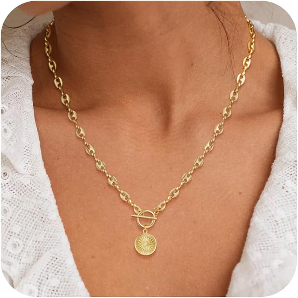 Chunky Gold Necklace 14K Gold Plated Toggle Clasp Necklace Trendy Choker Link Chain Gold Necklaces Jewelry Gift for Women