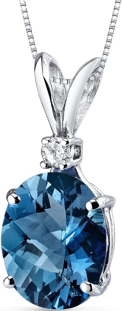 PEORA London Blue Topaz with Diamond Solitaire Pendant for Women 14K White Gold, Genuine Gemstone, 3 Carats Oval Shape 10x8mm, December Birthstone Necklace, Gold Necklace, w/Jewelry Box