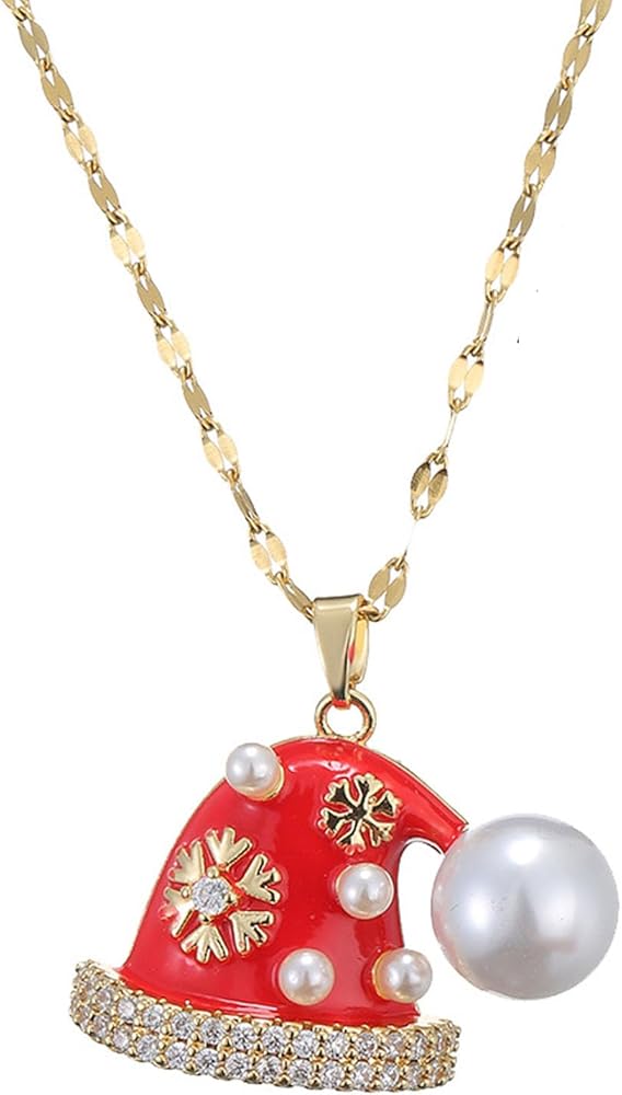 Red Christmas Necklace for Women Cute Christmas Hat Pearl Necklace Red Crystal Christmas Tree Pendant Necklace, New Year's Birthday Christmas Jewelry