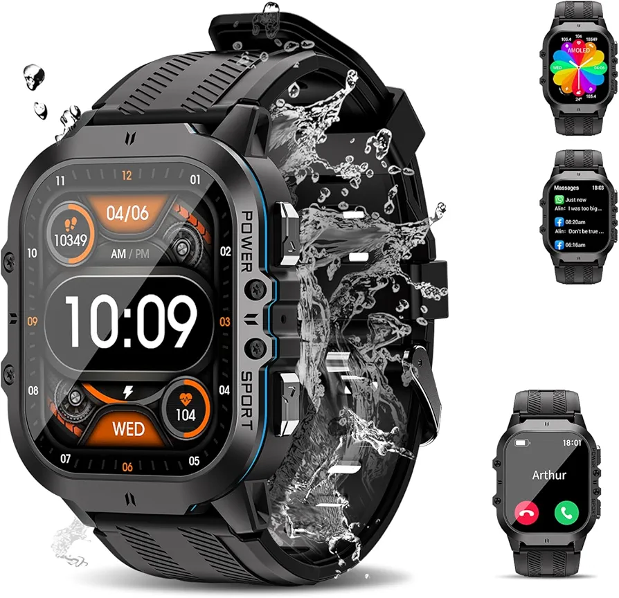 OUKITEL BT20 Military Smart Watch for Men 5ATM Waterproof, 1.96 Inch AMOLED Outdoor Rugged Smartwatch, Fitness Watch 100+ Sports Modes, for iPhone Android