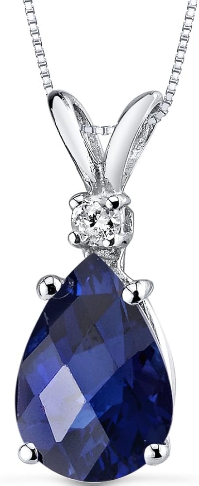 PEORA Solid 14K White Gold Created Blue Sapphire with Genuine Diamond Pendant for Women, Elegant Teardrop Solitaire, 2.45 Carats Pear Shape 10x7mm, Sparkling Blue Sapphire Jewelry, Jewelry Gift