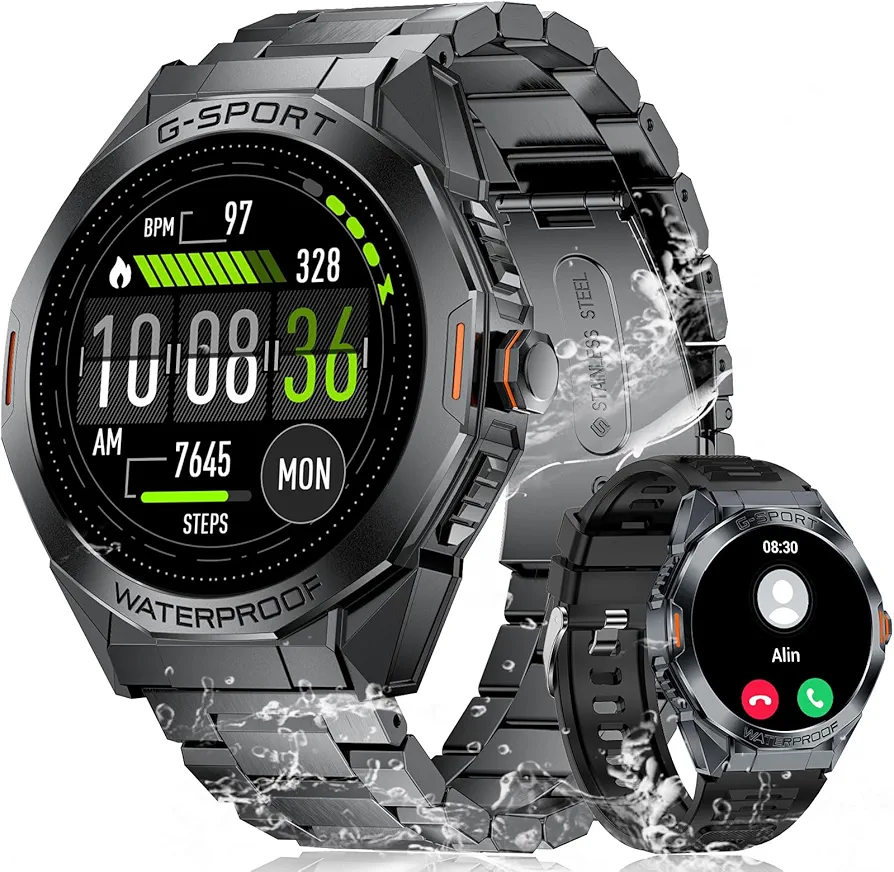 LIGE Military Smart Watches for Men,1.46" HD Screen Fitness Tracker Watch with 126+ Sports Modes/IP68 Waterproof/350mAh Battery/,Heart Rate/SpO2/Sleep Monitor,Rugged Smartwatch for Android iOS