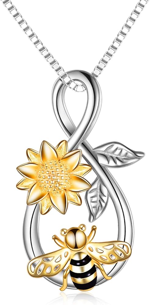 Bee Necklace Sterling Silver Infinity Love Bee Pendant Necklace with Rose Flower Jewelry Gifts for Women Teens