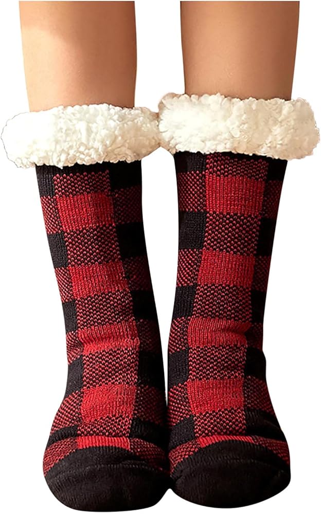 Women's Plaid Floor Socks Thicken Warm Sleeping Socks Slippers Fuzzy Socks Cotton Socks for Women Size 6-9