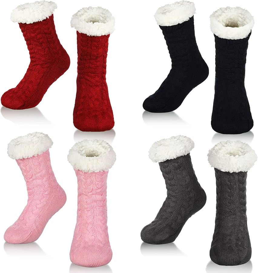 Zhanmai 4 Pairs Winter Slipper Socks for Women Non Slip Fuzzy Fleece Socks for Women with Grippers Soft Warm Thick Fluffy Socks Cozy Comfy Socks