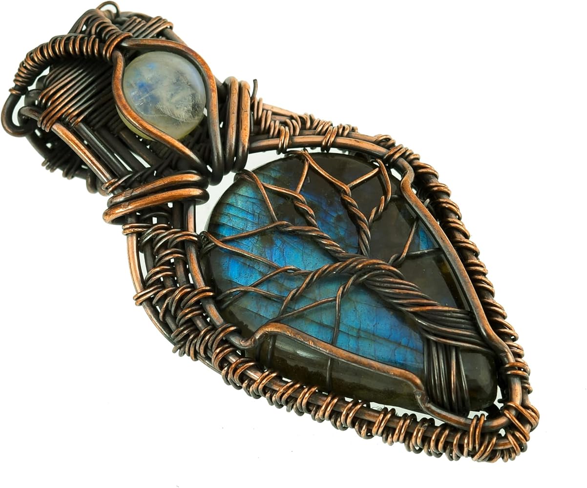 Tree of Life Labradorite & Rainbow Moonstone Gemstone Pendant Copper Wire Wrapped Labradorite Jewelry Labradorite Necklace 20" | natural labradorite necklace | gifts for women
