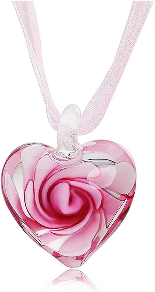 Lovely Glaze Spiral Flower Love Heart-Shape Pendant Necklace Inner Inlaid Flower Geometric Ribbon Chain Creative Jewelry for Women Gifts-Pink Flower