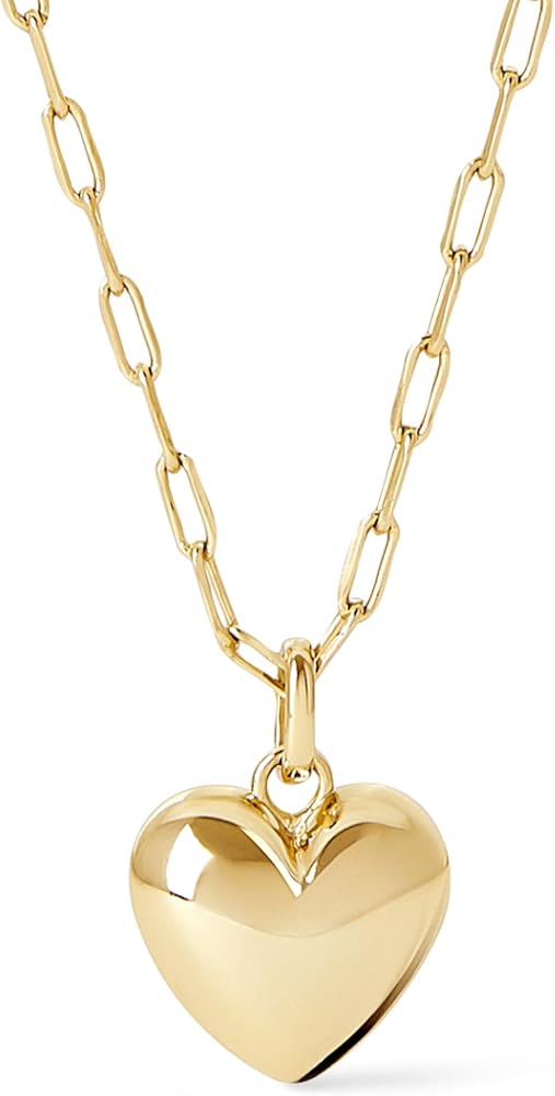 Ana Luisa Lev Puffed Heart Necklace - Heart Charm Necklace for Women - Paperclip Chain Necklace Heart Charm - 14K Gold Plated & Silver Rhodium Plated - Hypoallergenic, Tarnish-Free - Women Gift Ideas