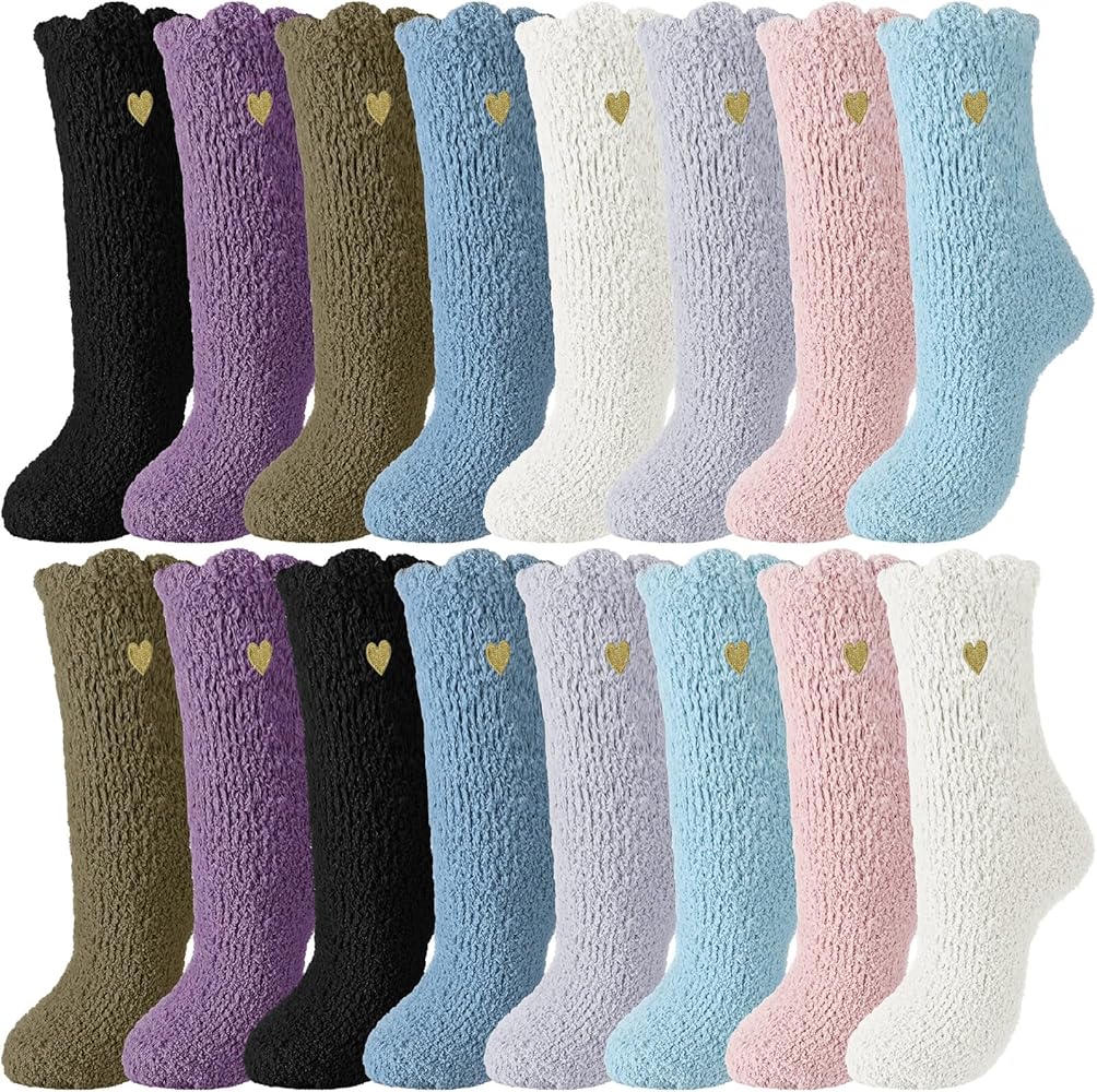 Xtinmee 16 Pairs Women Fuzzy Socks Embroidery Heart Cozy Fluffy Sleeping Socks for Women Girls Winter Warm Slipper Socks