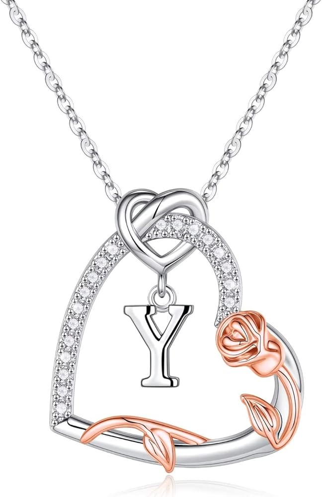 Yesteel Rose Heart Initial Necklaces Gifts for Women Teen Girls, Silver Plated Heart Initial Letter Pendant Necklace Jewelry Valentines Birthday Gifts for Her Girlfriend Wife Mom