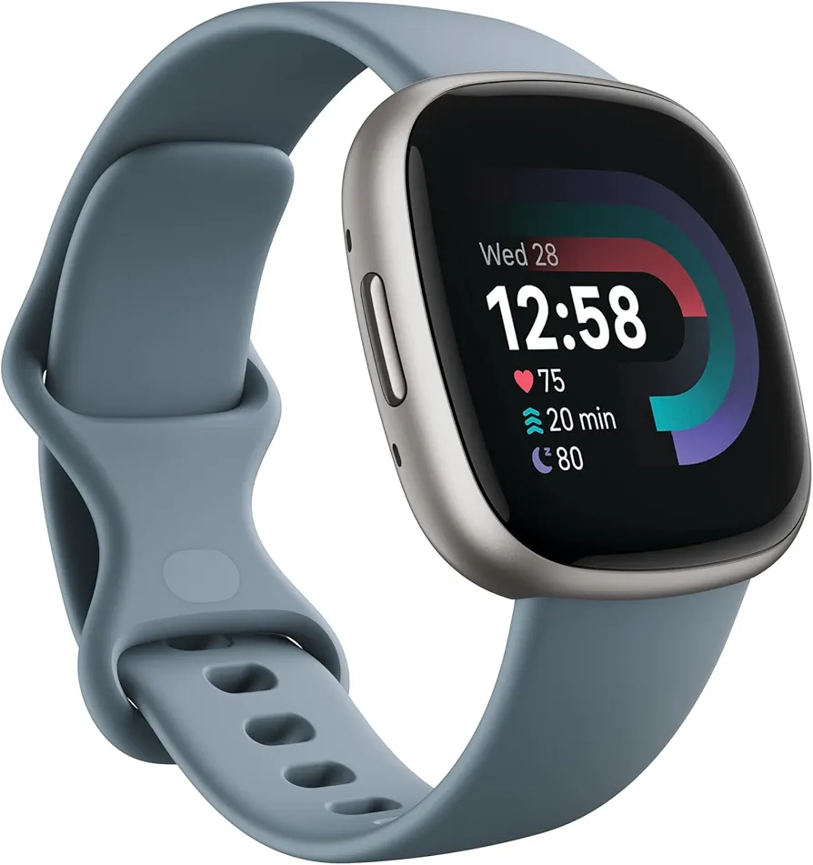 Fitbit Versa 4 Fitness Smartwatch with Daily Readiness, GPS, 24/7 Heart Rate, 40+ Exercise Modes, Sleep Tracking and More, Waterfall Blue/Platinum, One Size (S & L Bands Included) (Renewed)