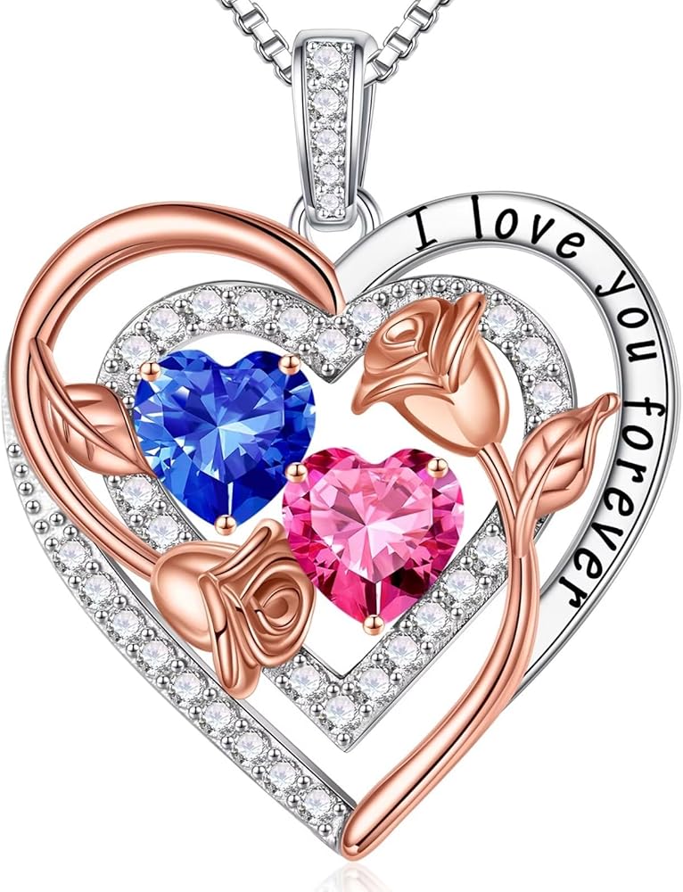 Iefil Rose Heart Birthstone Necklace for Women, Sterling Silver Birthstone Necklace Anniversary Birthday Gifts for Her Wife