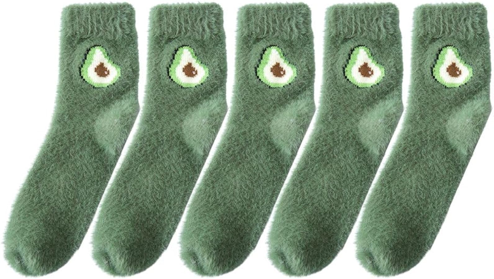 Women`s Avocado Fuzzy Slipper Socks 5/10 Packs Imitation Mink Coral Fleece Socks Fruit Pattern Cozy Sleep Socks