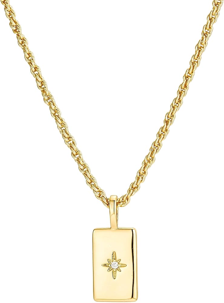 18K Gold Pendant Necklace - 18K Gold Double Layer Necklace with Rectangular Pendant and Zircon Stone | Elegant Minimalist Jewelry for Women, Gift for Her