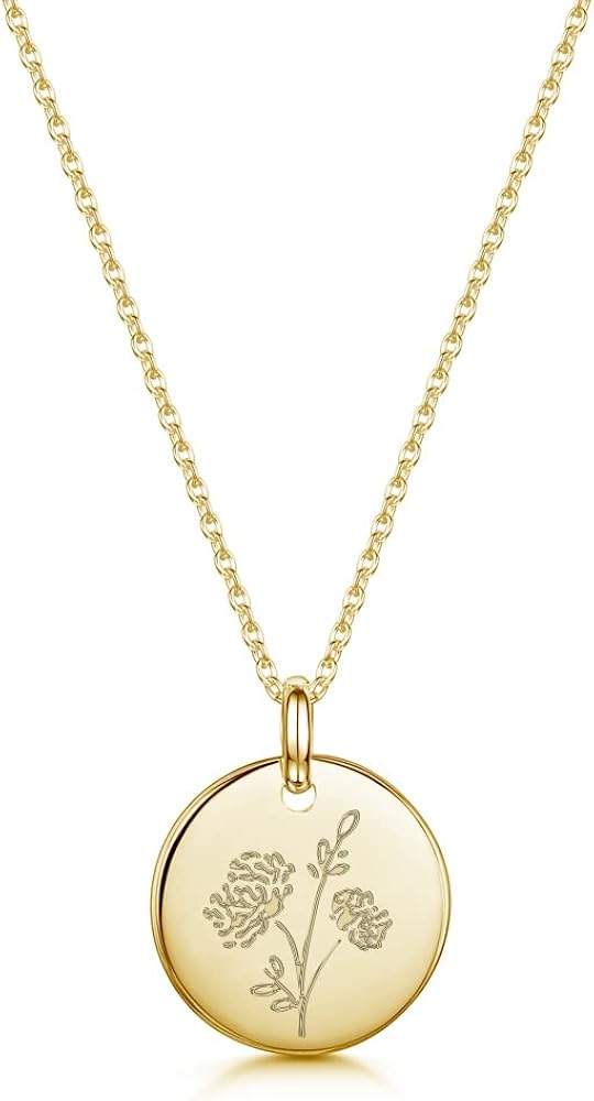 Birth Flower Necklace 18k Gold Engraved Custom Floral Pendant Necklaces Dainty Birth Month Flower Disc Charm Hand Stamped Flower Disk Necklace Personalized Jewelry Birthday Gift for women Her