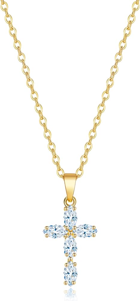 Cross Necklace for Women, 14K Gold Plated Birthstone Necklaces Cubic Zirconia Cross Pendant Necklace Dainty Gold Jewelry Gifts