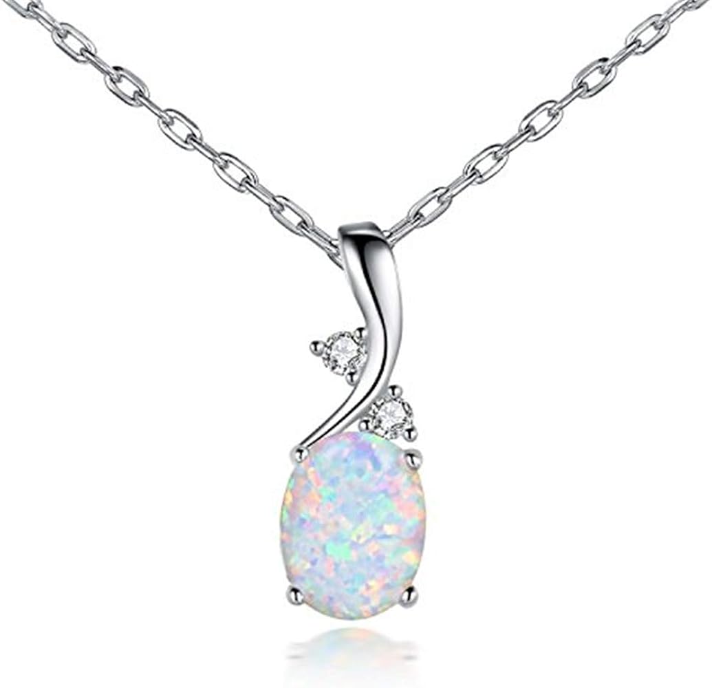 Opal Birthstone Necklace for Women, Silver Plated Vintage Created Gemstone Oval White Fire Opal Pendant Necklace Fashion Opal Jewelry for Women Mother Birthday
