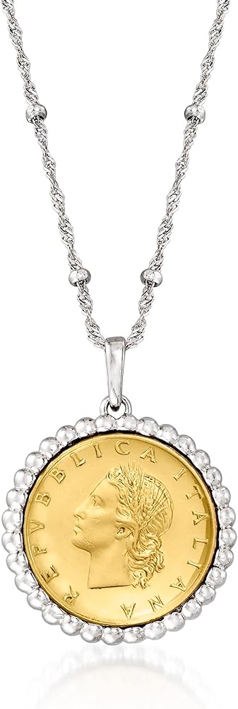Ross-Simons Italian Genuine 20-Lira Coin Pendant Necklace in Sterling Silver. 18 inches
