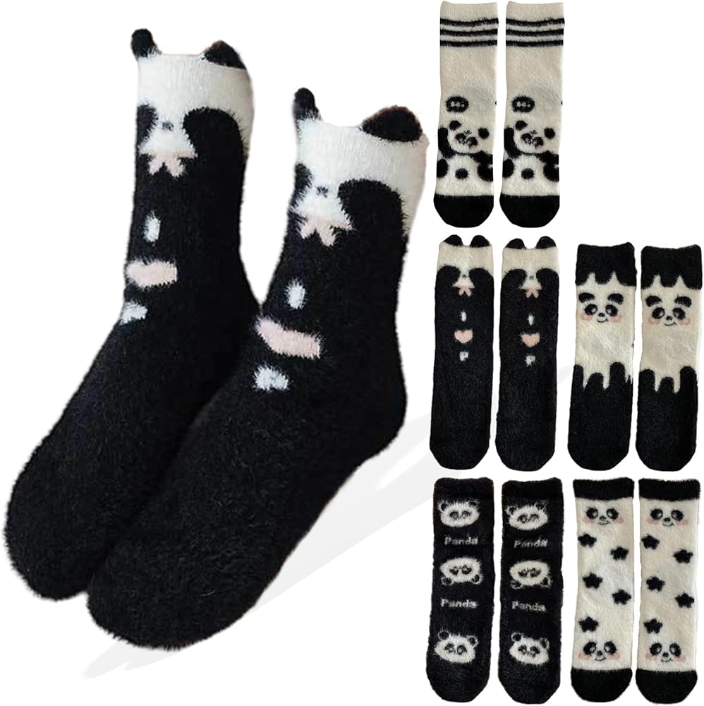 Fuzzy Socks 5 Pairs Womens Cute Panda Sleep Socks Winter Warm Cozy Socks Thick Home Slippers Floor Socks