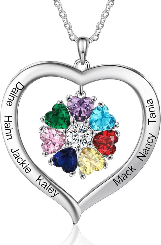 Personalized Names Forever Love Heart Women Necklace with 1-8 Simulated Birthstone Pendant Necklaces for Grandma Family Promise Jewelry Birthday Gift for Her Mom Wife