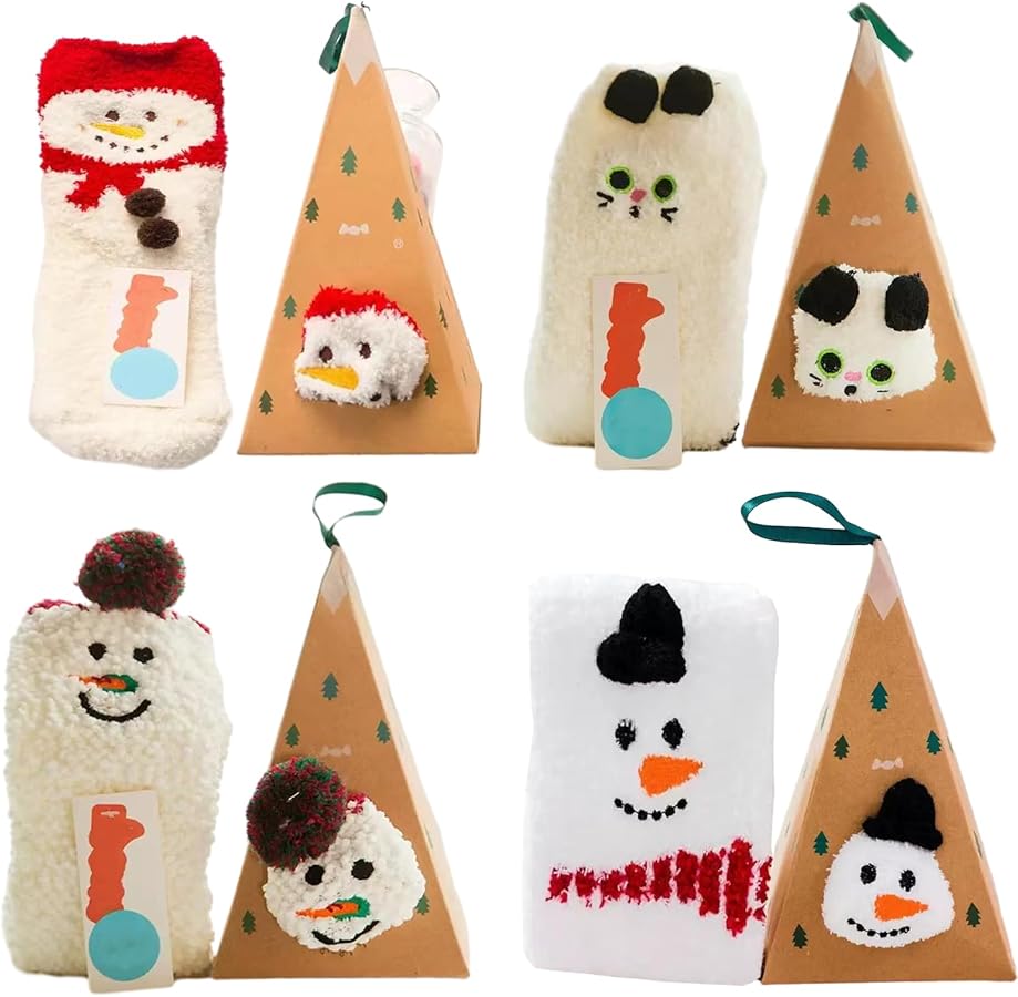 Christmas Fuzzy Socks for Women, Fluffy Slipper Socks Bulk Santa Claus and Snowman 4 Pairs, Winter Warm Soft Comfy for Sleep Home Floor