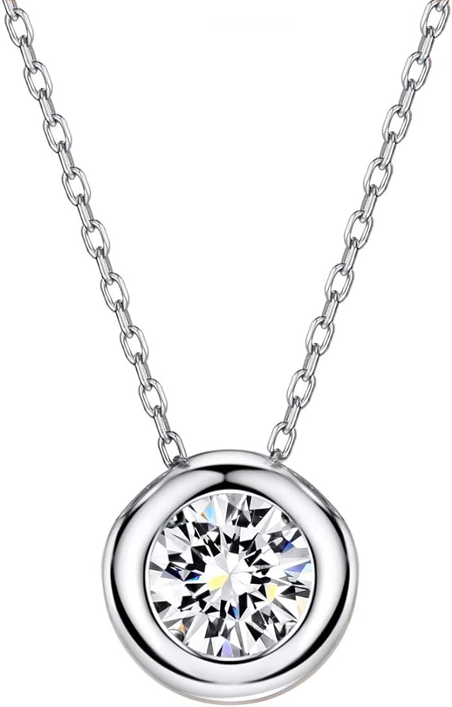 Mints Sterling Silver 1.0ct Solitaire Cubic Zirconia Pendant Necklace for Women Bezel Setting D Color, VVS Clarity Simulated Necklace for Women 16"-18"