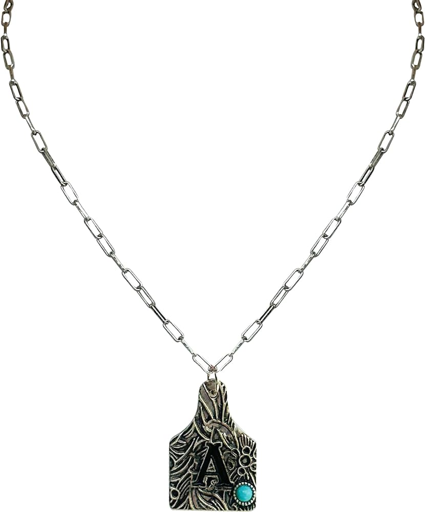 Western Boho Cattle Tag Letter A-Z with Turquoise Pendant Initial Monogram Necklace (A)
