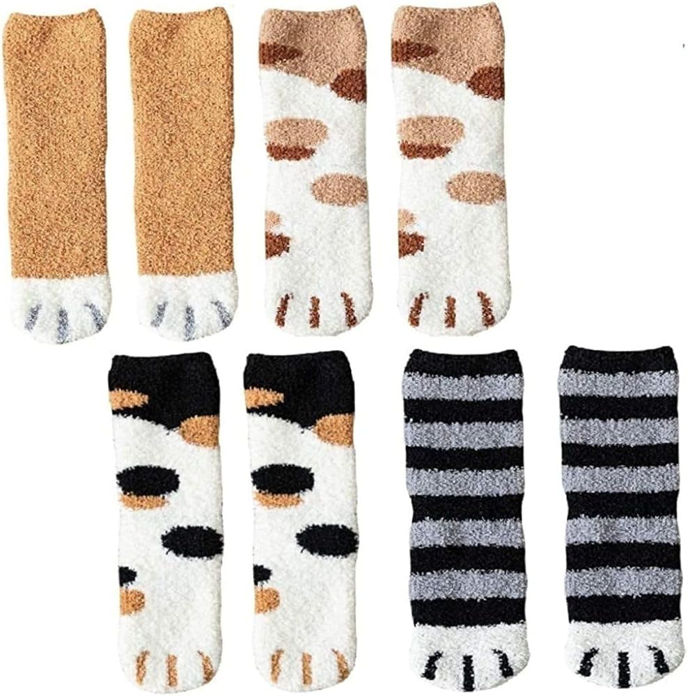 Plush Socks for Women, 4 Pairs Winter Cat Claws Socks, Cute Thick Warm Sleep Floor Socks, Soft Cat Paw Slipper Socks for Girls Women
