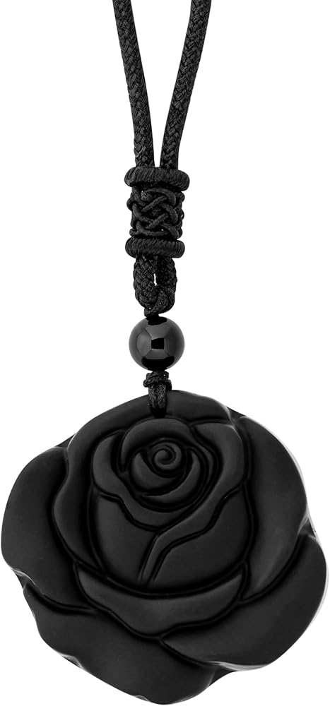 MINACHI Gothic Black Obsidian Rose Floral Pendant Necklace with Braided Cord, Gothic Jewelry Gift for Women