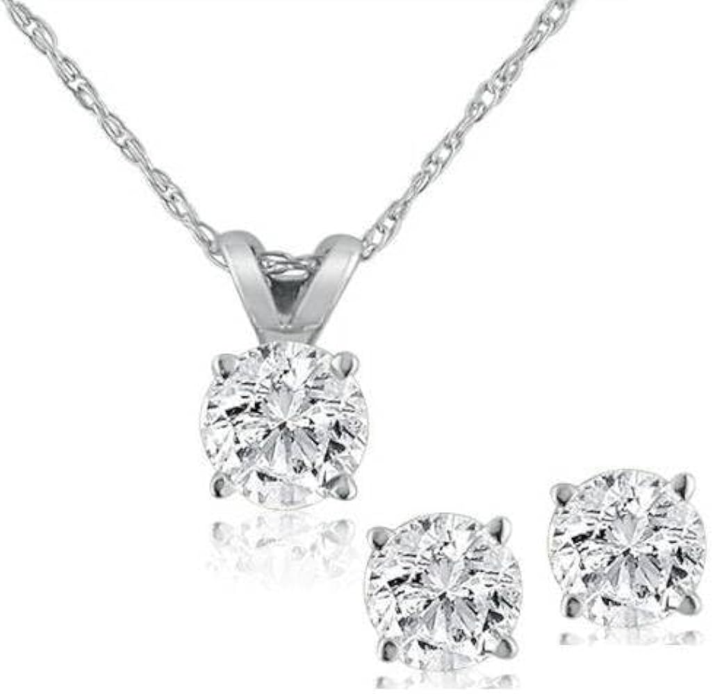 Pompeii3 14k White or Yellow Gold 3/4 Ct T.W. Round-Cut Natural Diamond Studs & Matching Solitaire Pendant Women's Necklace 18" 14k Gold Chain