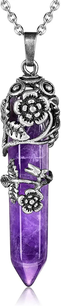 Top Plaza Antique Silver Flower Wrapped Natural Amethyst Healing Crystal Necklace